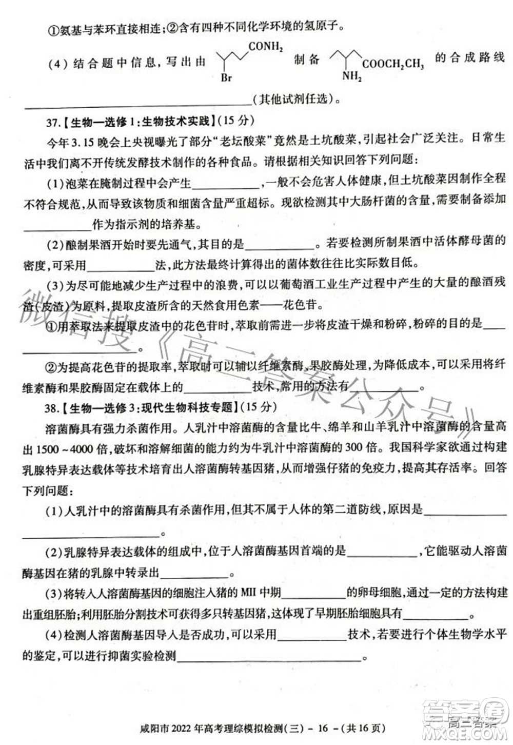 咸陽市2022年高考模擬檢測三理科綜合試題及答案