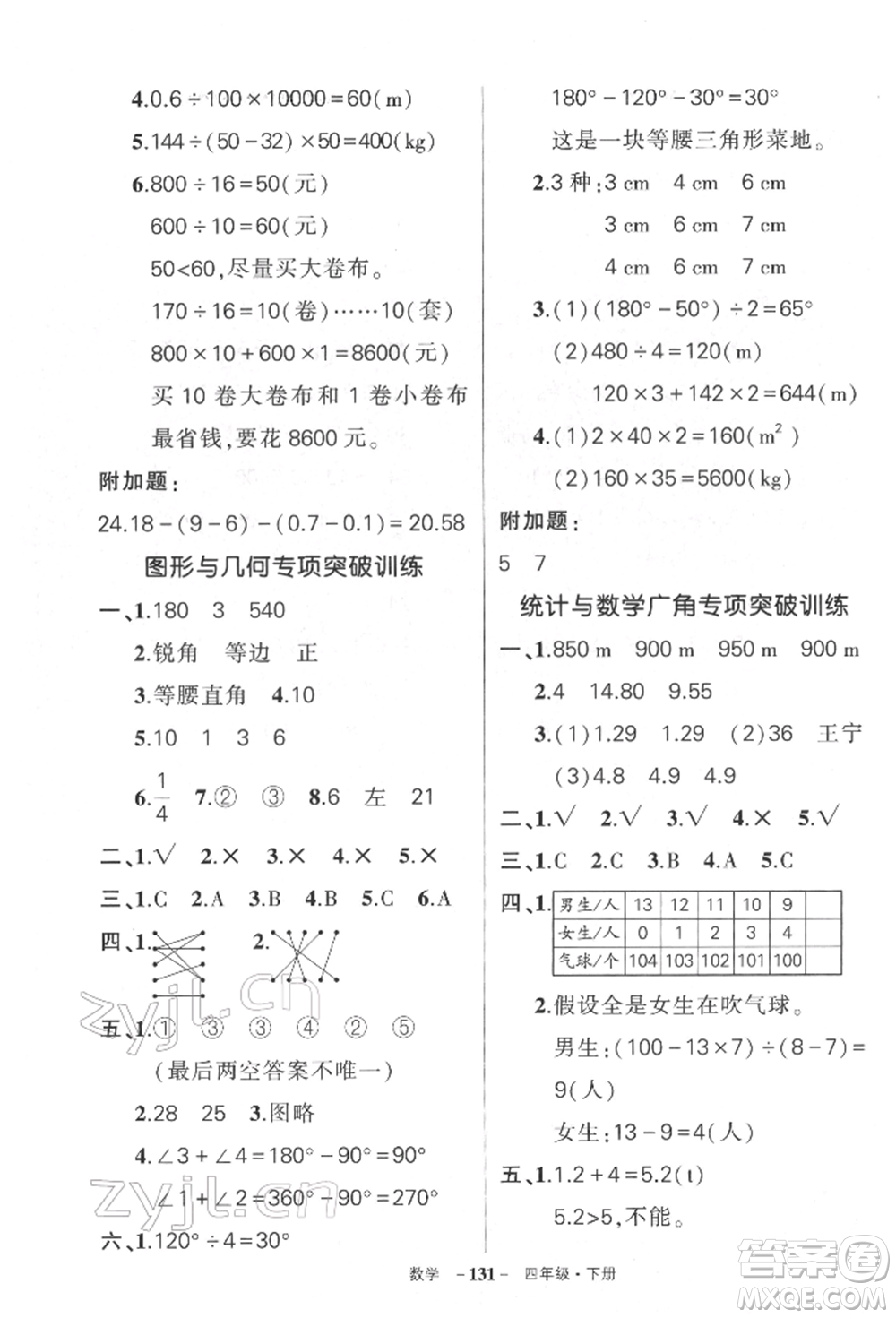 武漢出版社2022狀元成才路創(chuàng)優(yōu)作業(yè)100分四年級下冊數(shù)學人教版湖北專版參考答案