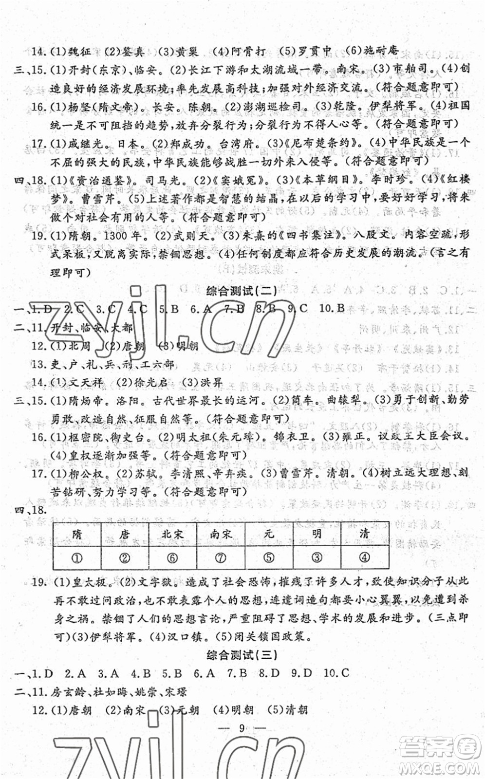 吉林教育出版社2022文曲星跟蹤測(cè)試卷七年級(jí)道德與法治歷史下冊(cè)人教版答案