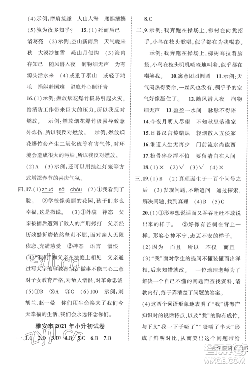 西安出版社2022狀元成才路創(chuàng)優(yōu)作業(yè)100分六年級(jí)下冊(cè)語(yǔ)文人教版四川專(zhuān)版參考答案