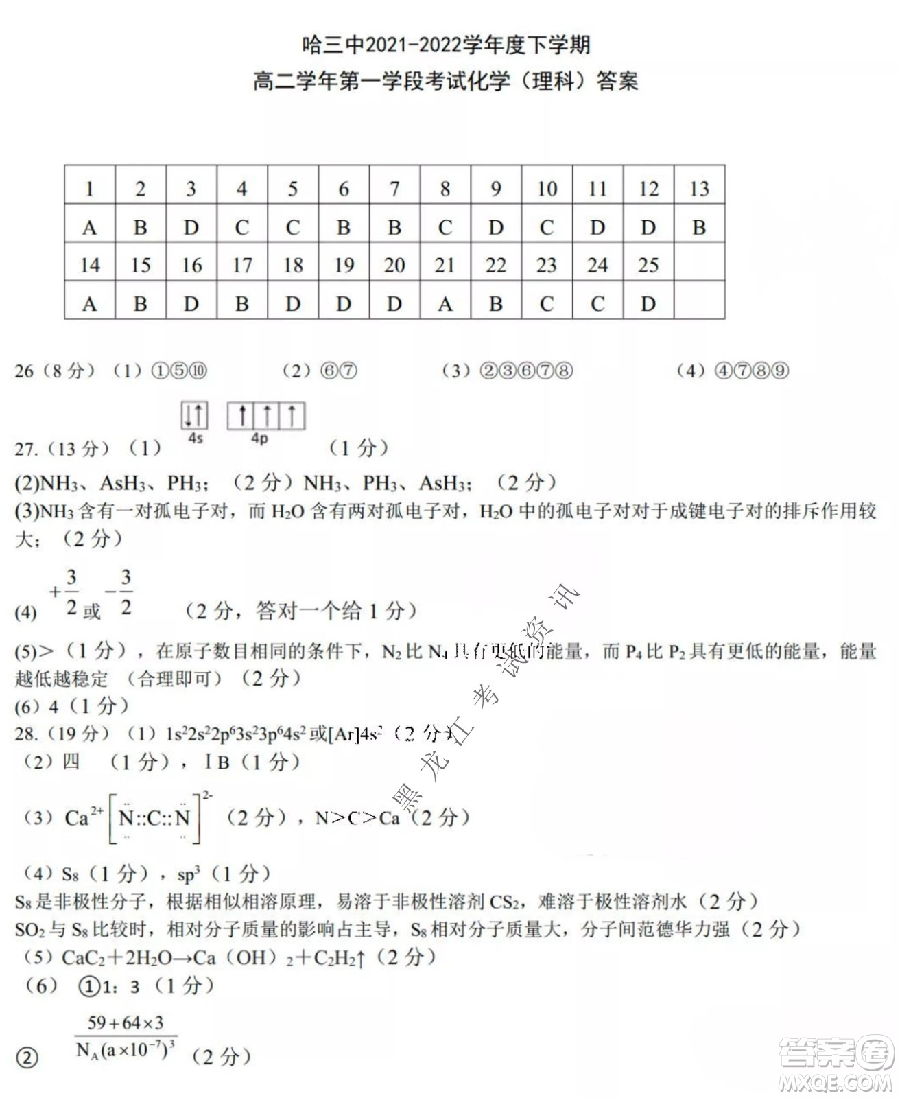 哈三中2021-2022學(xué)年度下學(xué)期高二學(xué)年第一次驗收考試化學(xué)試卷及答案
