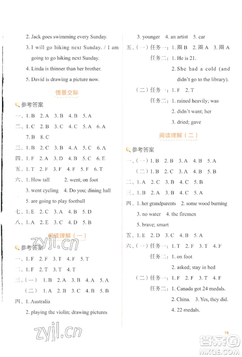 浙江教育出版社2022新東方優(yōu)學練六年級下冊英語人教版參考答案
