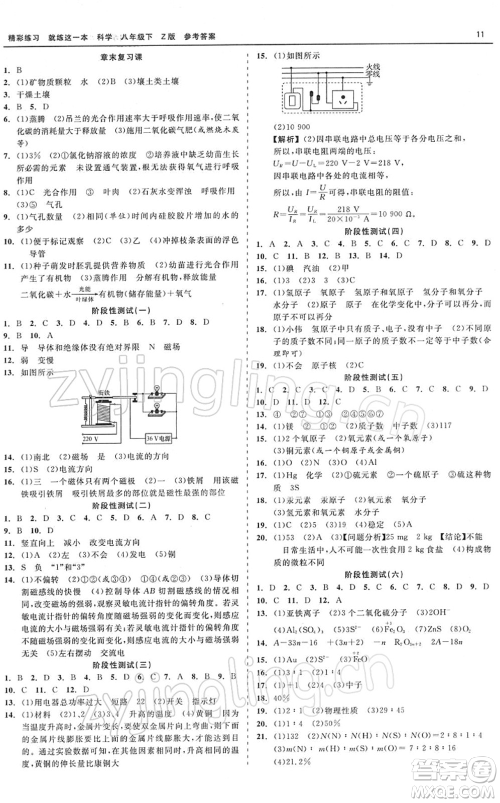 浙江工商大學(xué)出版社2022精彩練習(xí)就練這一本八年級科學(xué)下冊Z浙教版答案