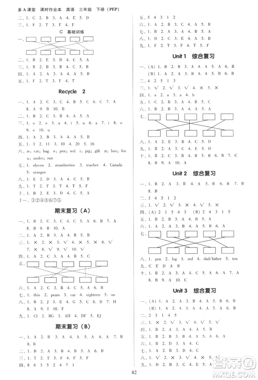 二十一世紀(jì)出版社集團(tuán)2022多A課堂課時(shí)廣東作業(yè)本三年級下冊英語人教版參考答案