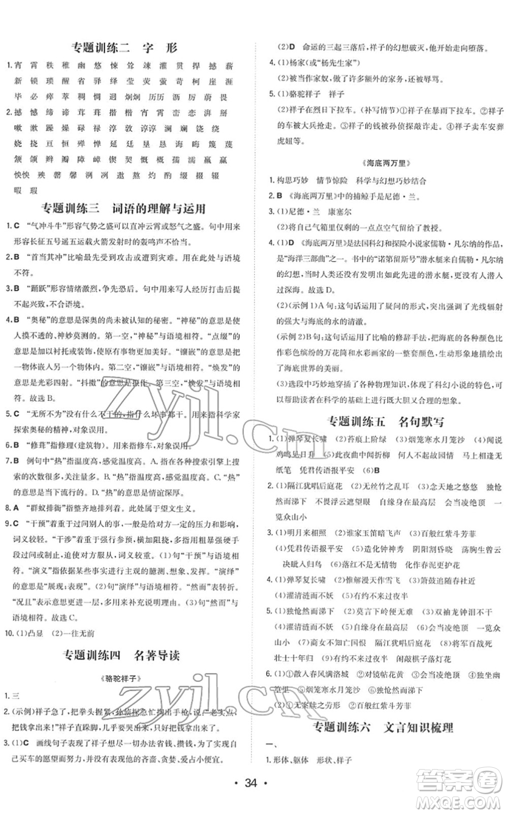 湖南教育出版社2022一本同步訓(xùn)練七年級(jí)語(yǔ)文下冊(cè)RJ人教版答案