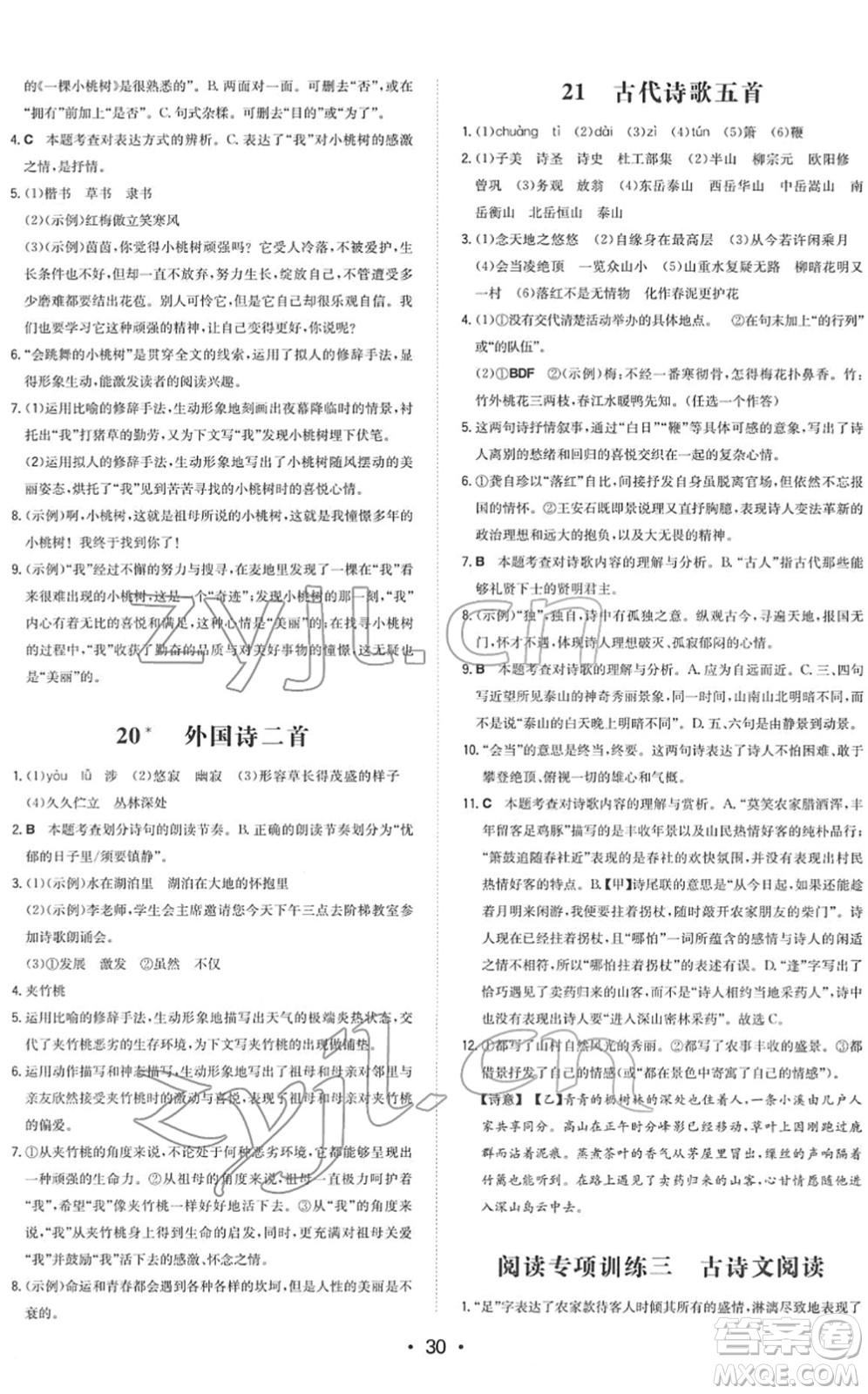 湖南教育出版社2022一本同步訓(xùn)練七年級(jí)語(yǔ)文下冊(cè)RJ人教版答案