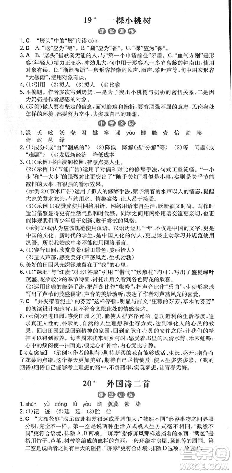 湖南教育出版社2022一本同步訓(xùn)練七年級(jí)語文下冊RJ人教版重慶專版答案