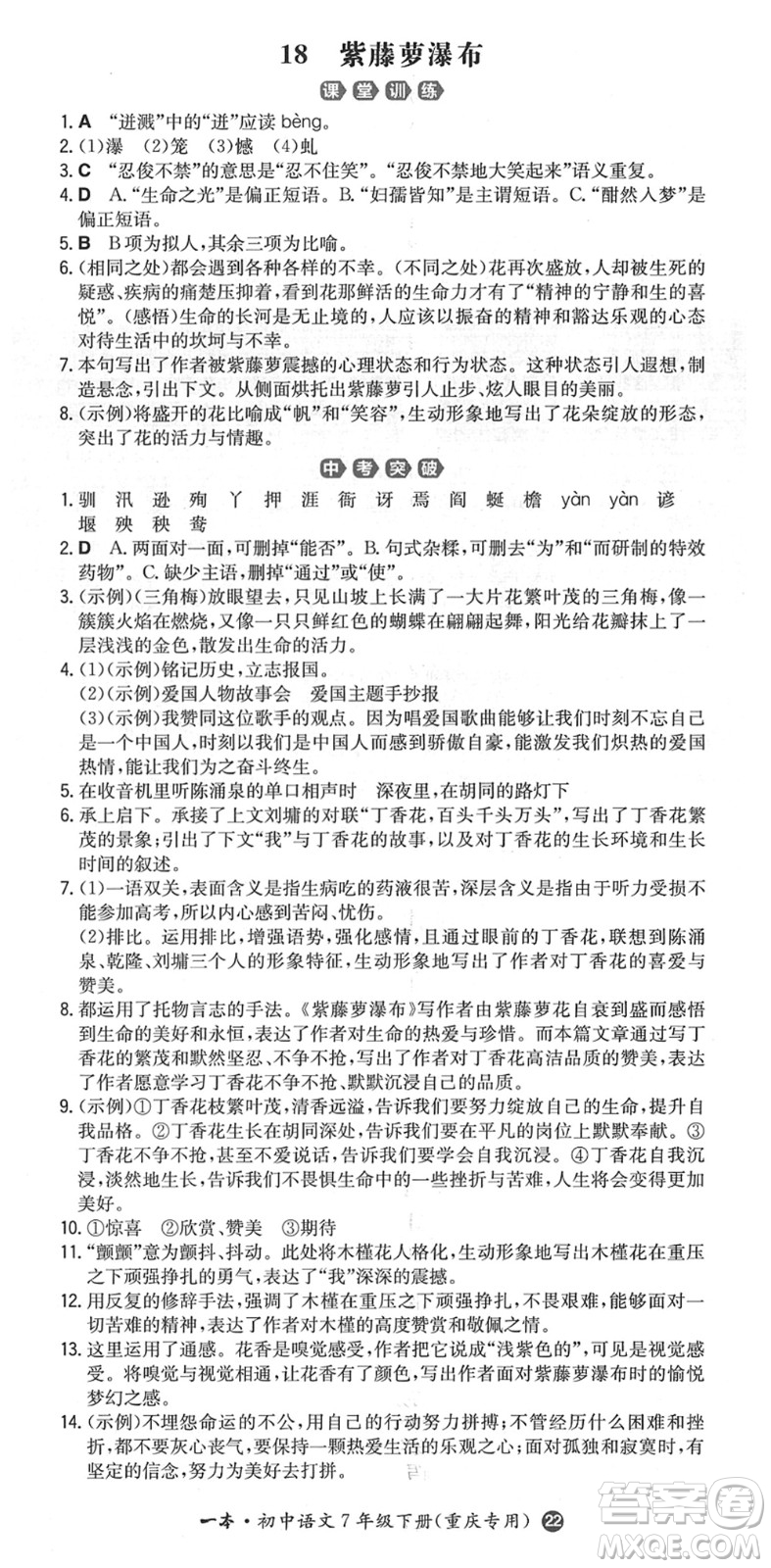 湖南教育出版社2022一本同步訓(xùn)練七年級(jí)語文下冊RJ人教版重慶專版答案