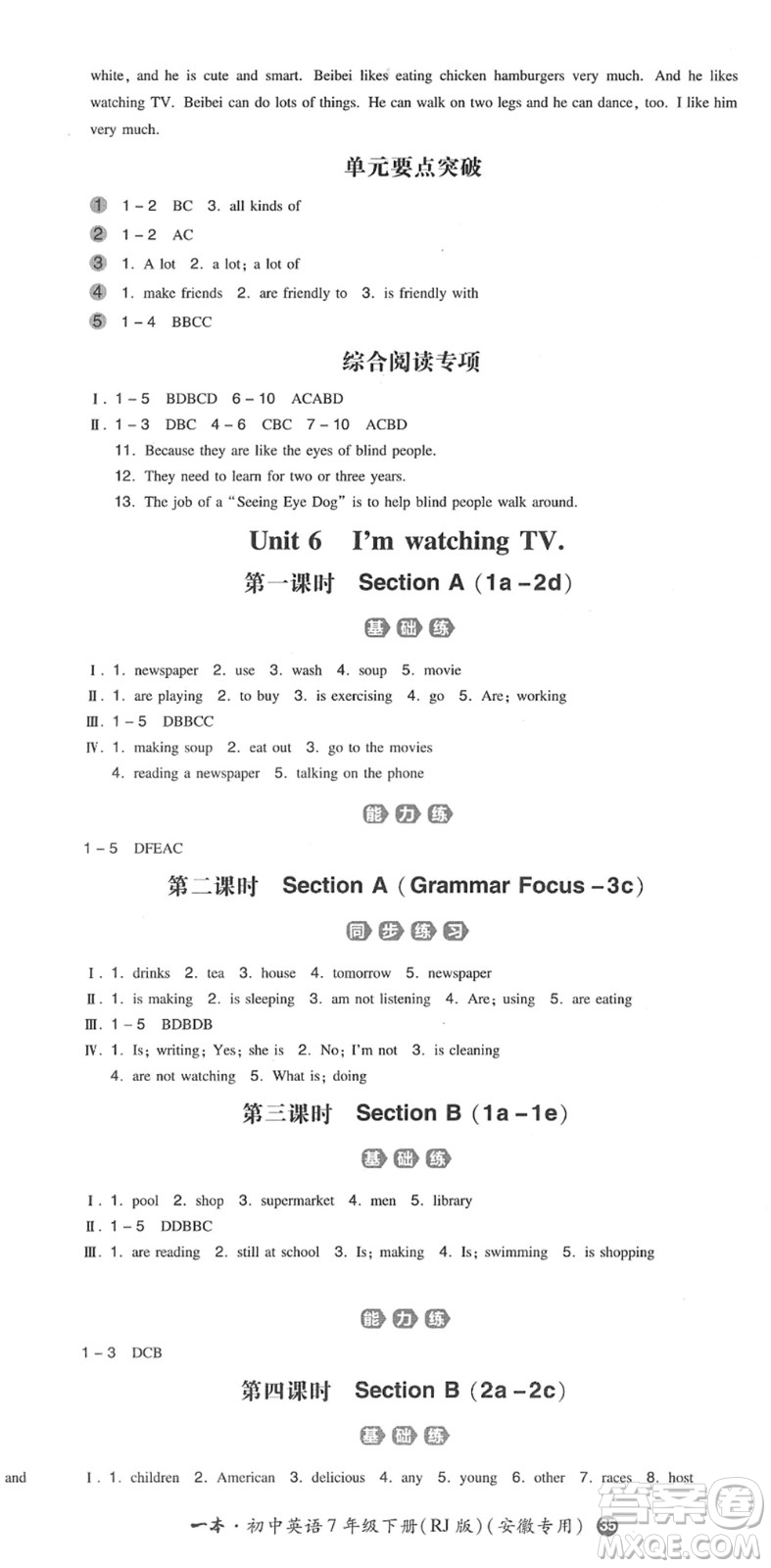 湖南教育出版社2022一本同步訓練七年級英語下冊RJ人教版安徽專版答案