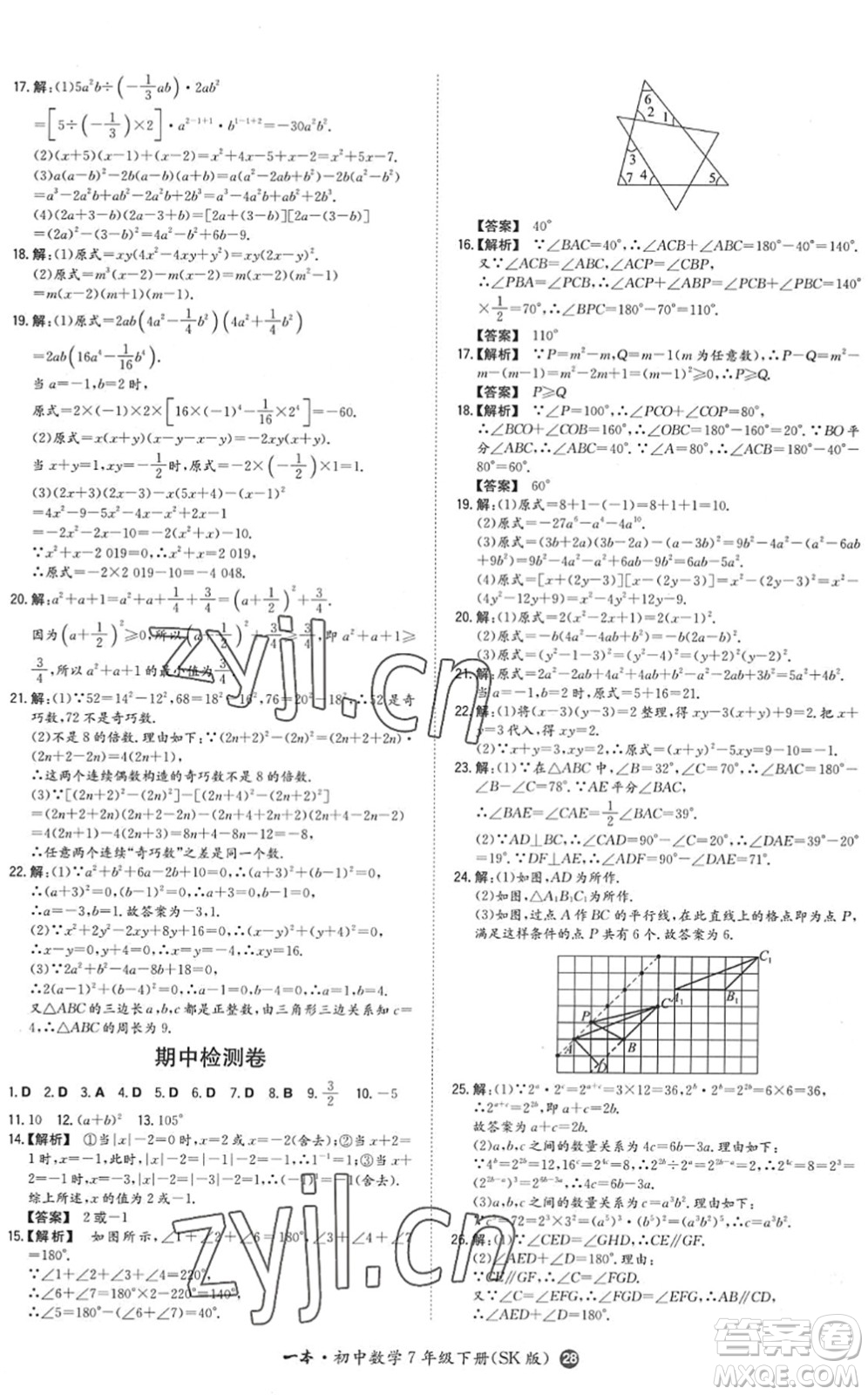湖南教育出版社2022一本同步訓練七年級數學下冊SK蘇科版答案