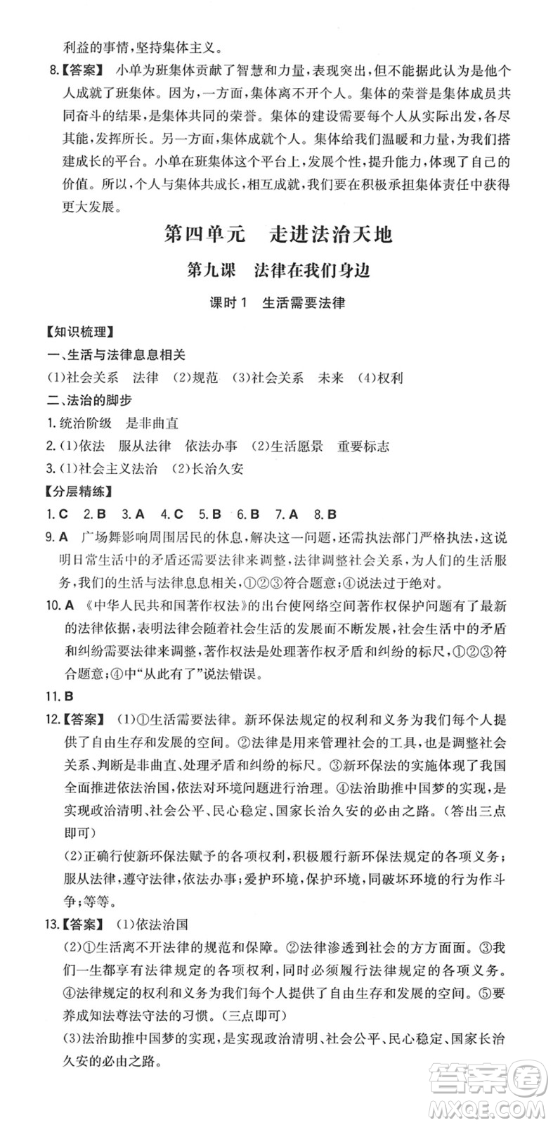湖南教育出版社2022一本同步訓(xùn)練七年級(jí)道德與法治下冊(cè)RJ人教版答案