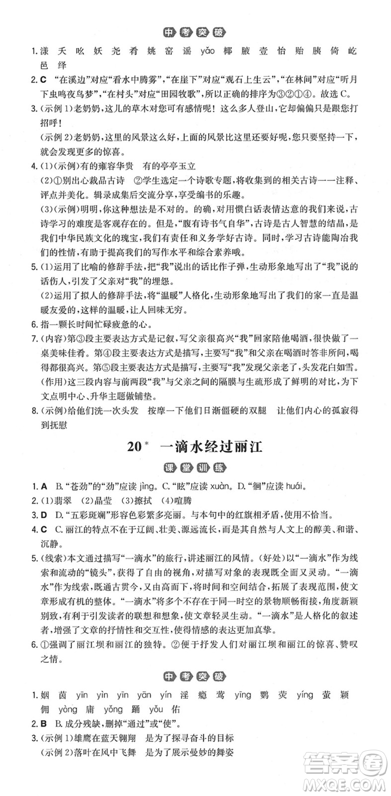 湖南教育出版社2022一本同步訓(xùn)練八年級(jí)語文下冊(cè)RJ人教版重慶專版答案