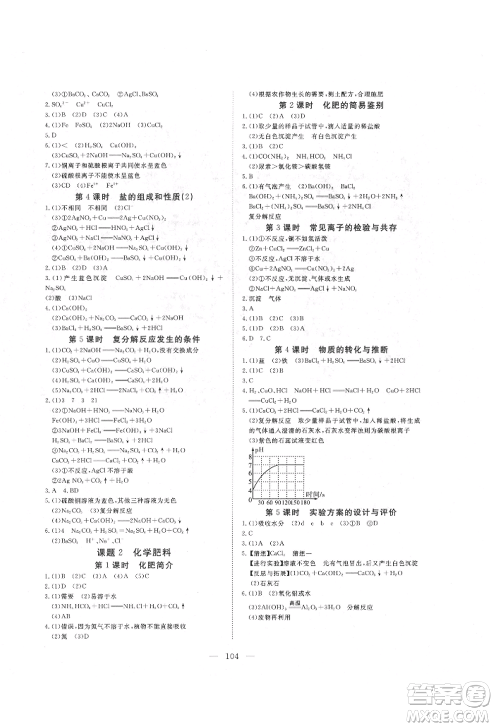 湖北科學(xué)技術(shù)出版社2022高效課堂導(dǎo)學(xué)案九年級(jí)下冊(cè)化學(xué)人教版荊州專(zhuān)版參考答案