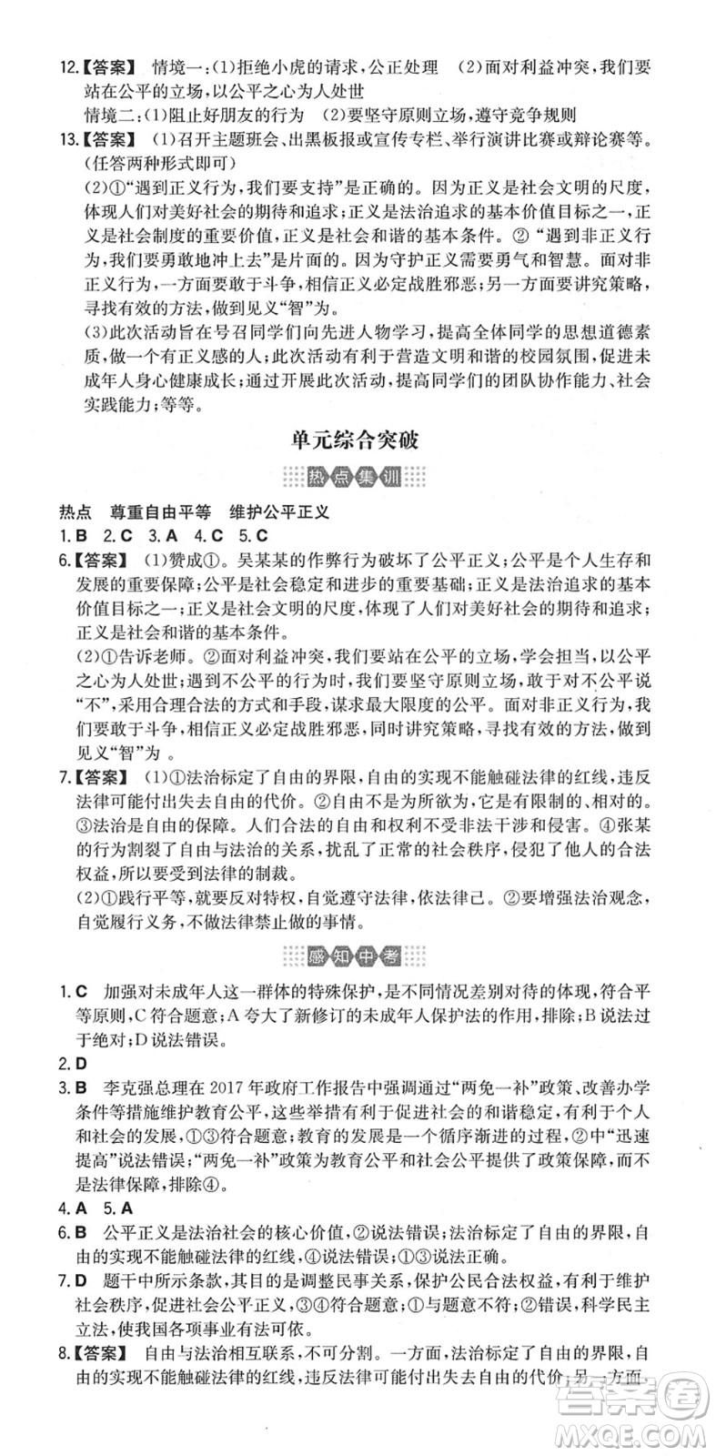 湖南教育出版社2022一本同步訓(xùn)練八年級道德與法治下冊RJ人教版安徽專版答案