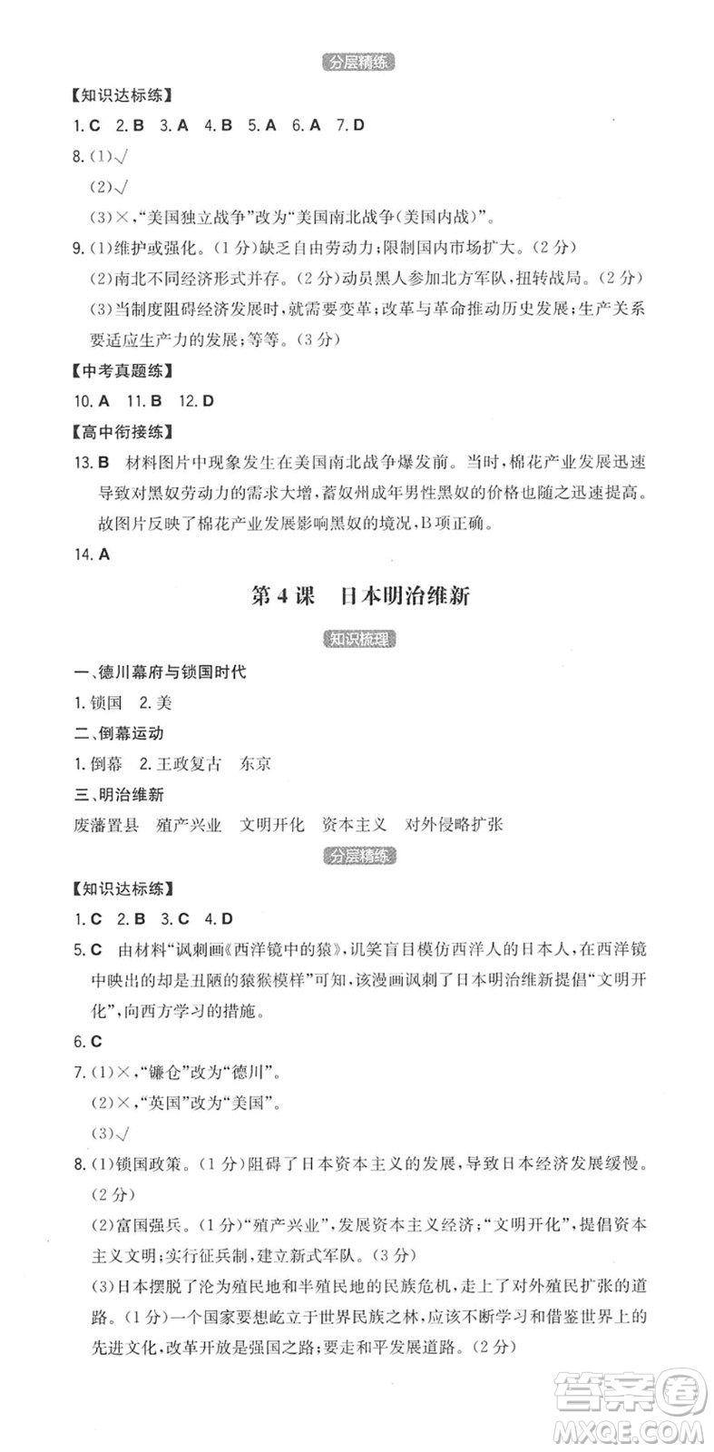 湖南教育出版社2022一本同步訓(xùn)練九年級(jí)歷史下冊(cè)RJ人教版安徽專版答案