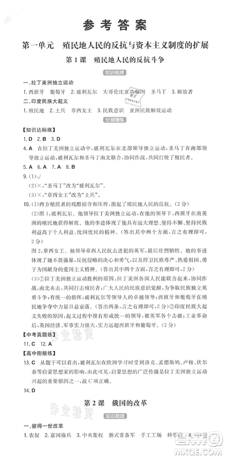 湖南教育出版社2022一本同步訓(xùn)練九年級(jí)歷史下冊(cè)RJ人教版安徽專版答案