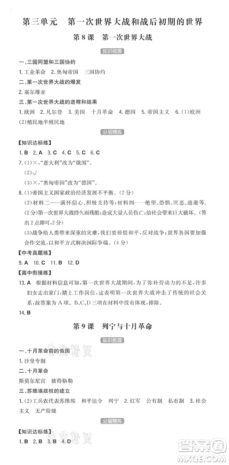 湖南教育出版社2022一本同步訓(xùn)練九年級(jí)歷史下冊(cè)RJ人教版安徽專版答案