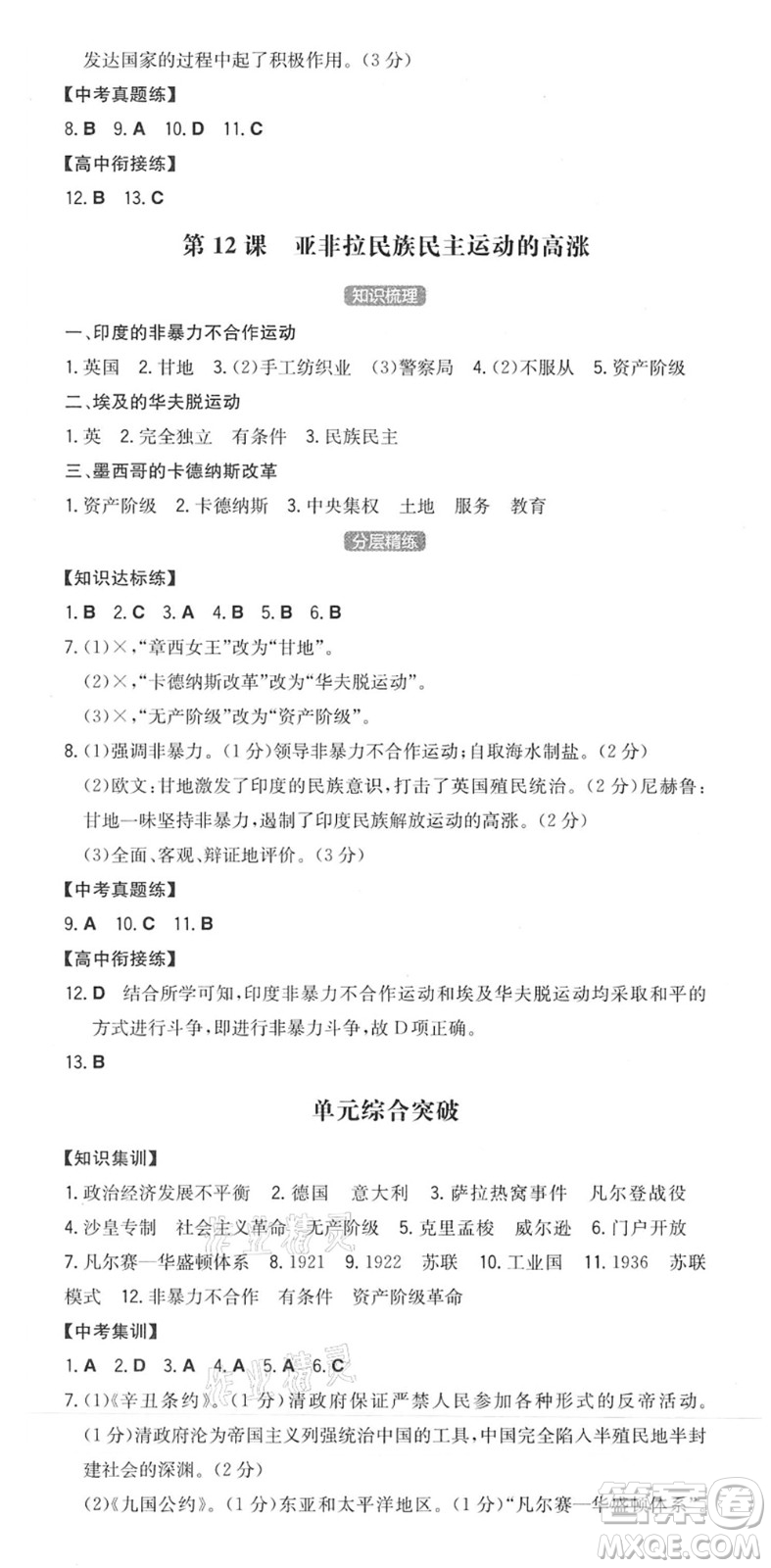 湖南教育出版社2022一本同步訓(xùn)練九年級(jí)歷史下冊(cè)RJ人教版安徽專版答案