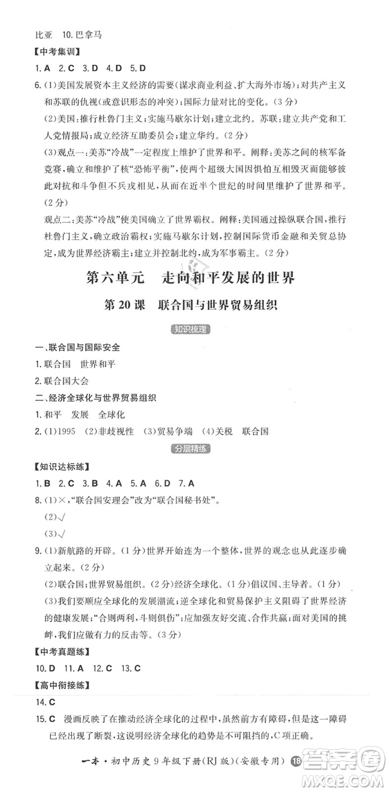 湖南教育出版社2022一本同步訓(xùn)練九年級(jí)歷史下冊(cè)RJ人教版安徽專版答案
