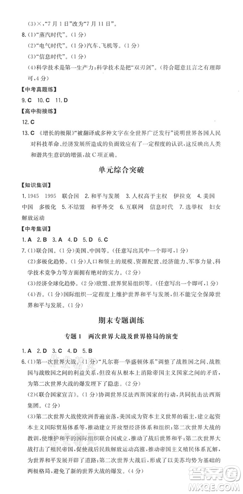 湖南教育出版社2022一本同步訓(xùn)練九年級(jí)歷史下冊(cè)RJ人教版安徽專版答案