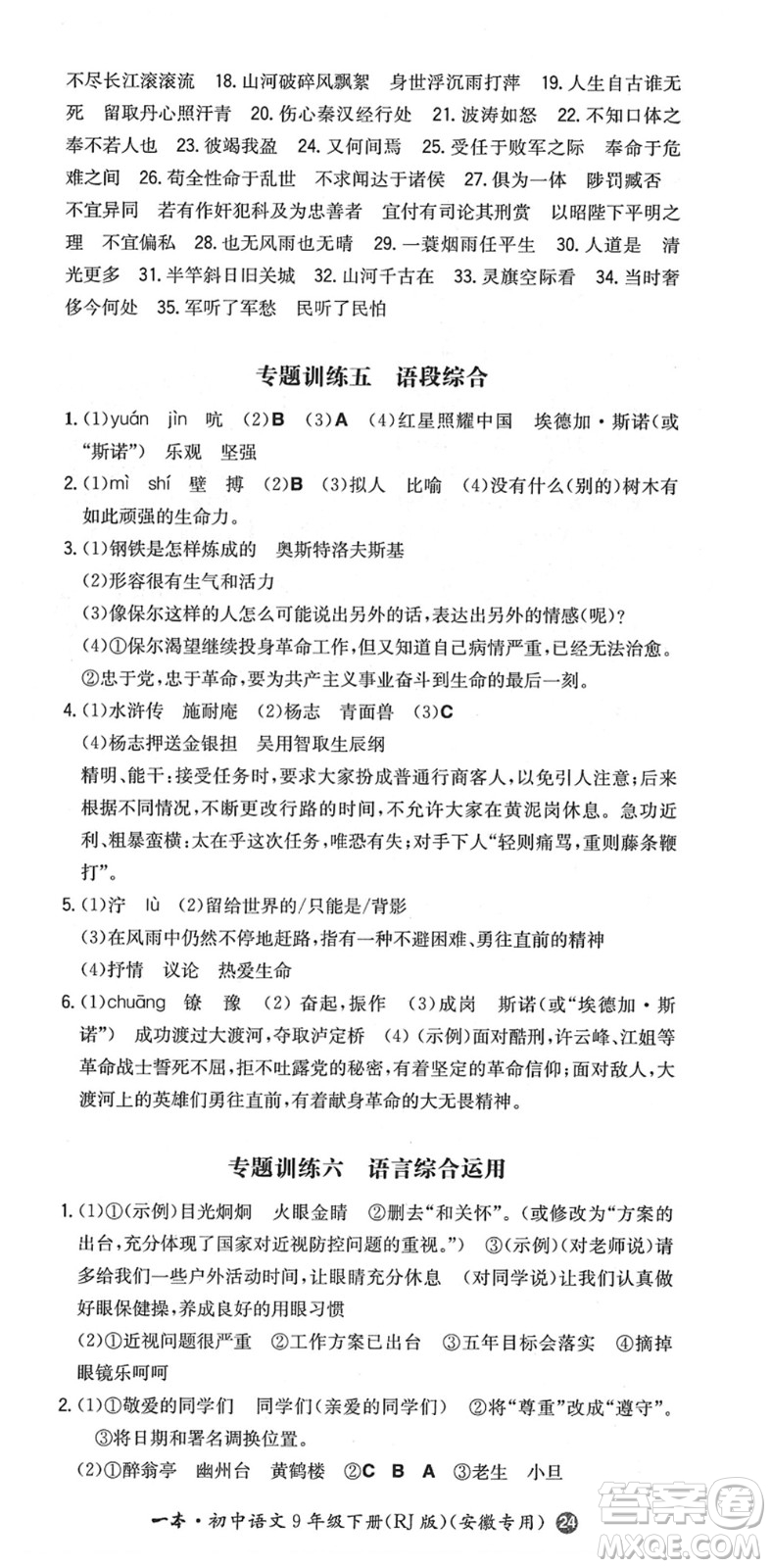 湖南教育出版社2022一本同步訓(xùn)練九年級語文下冊RJ人教版安徽專版答案