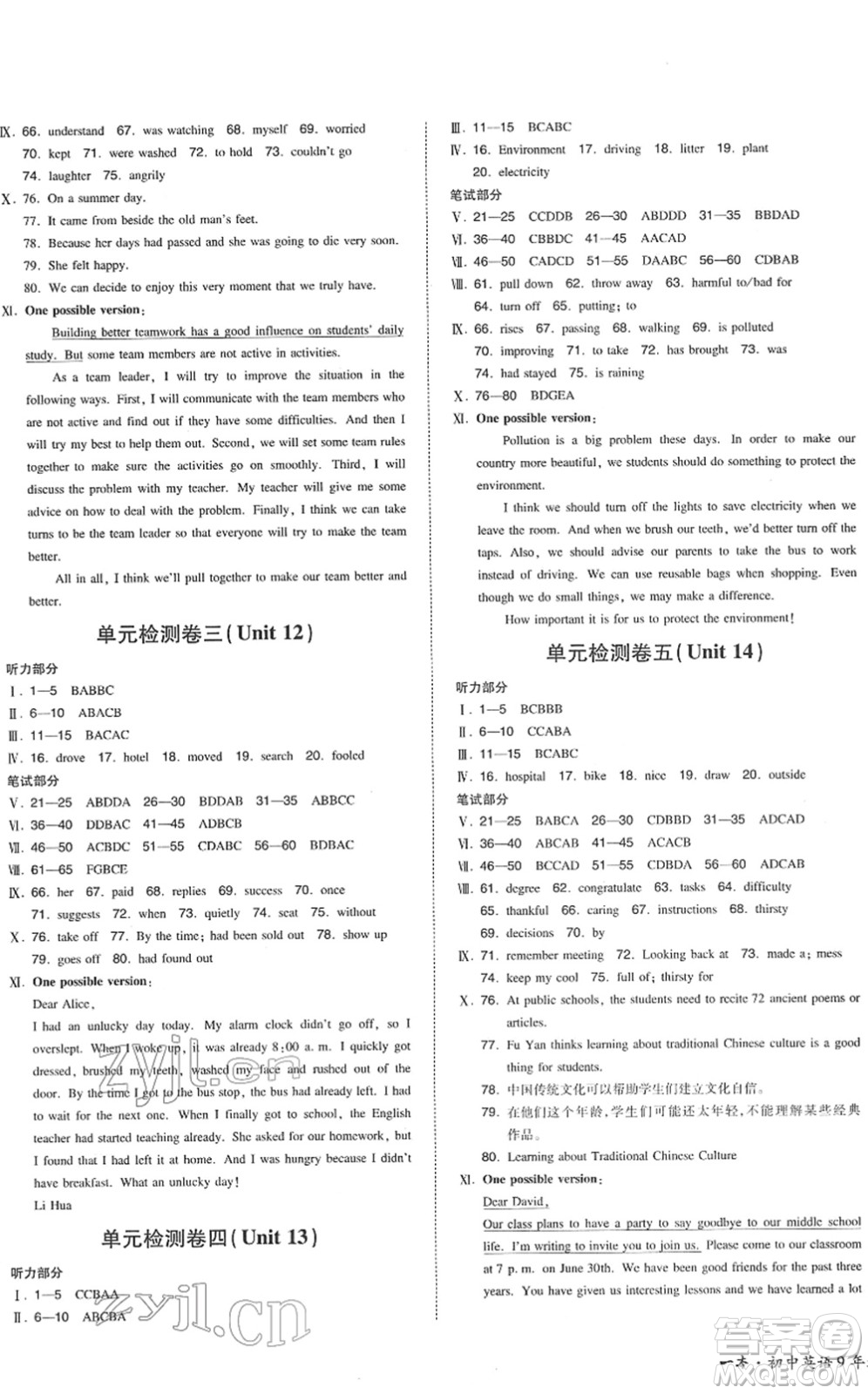 湖南教育出版社2022一本同步訓(xùn)練九年級英語下冊RJ人教版答案
