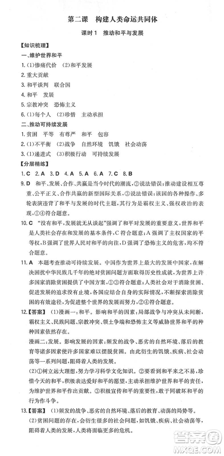 湖南教育出版社2022一本同步訓練九年級道德與法治下冊RJ人教版安徽專版答案