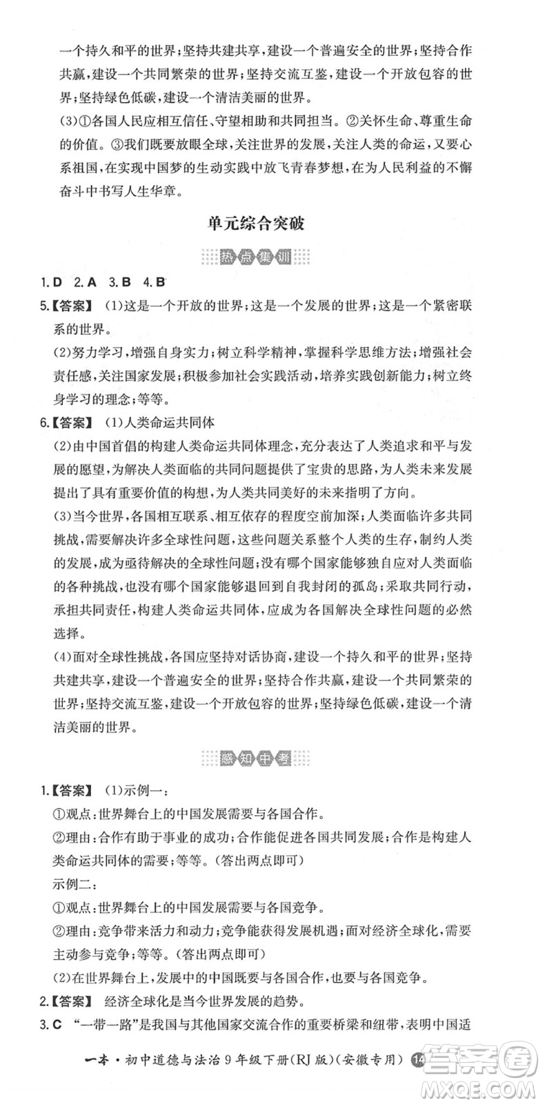 湖南教育出版社2022一本同步訓練九年級道德與法治下冊RJ人教版安徽專版答案