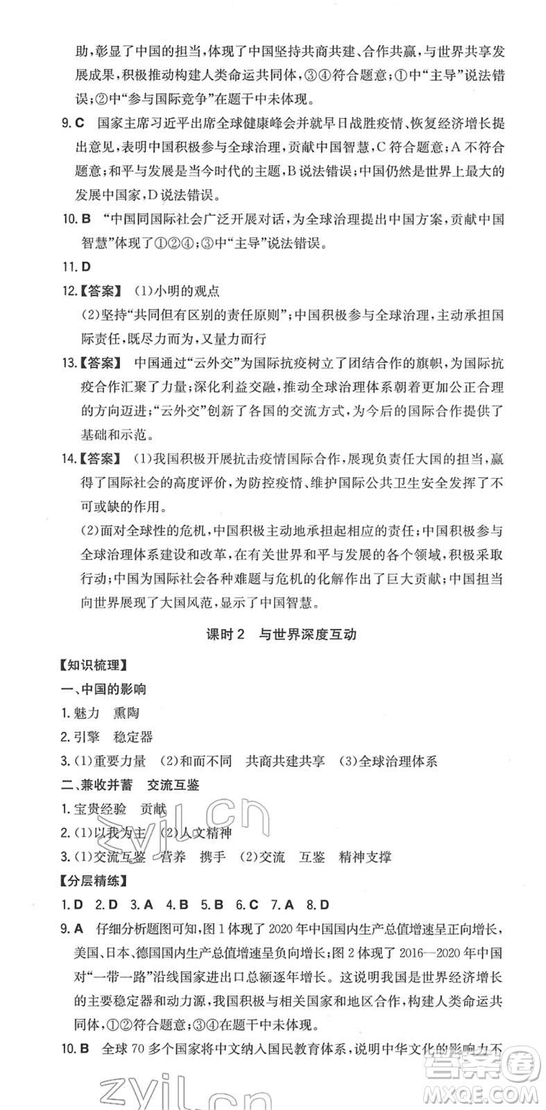 湖南教育出版社2022一本同步訓練九年級道德與法治下冊RJ人教版安徽專版答案