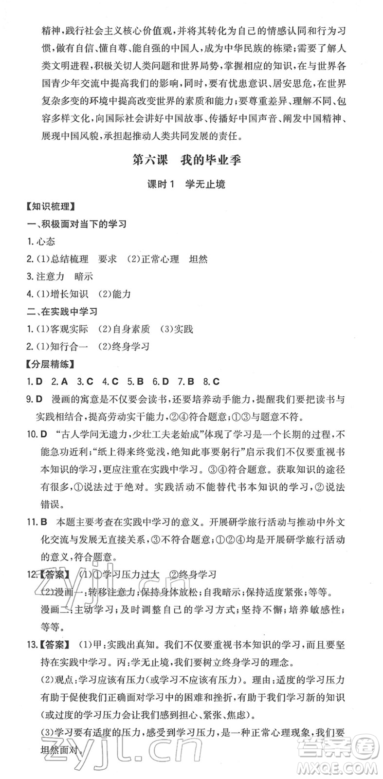 湖南教育出版社2022一本同步訓練九年級道德與法治下冊RJ人教版安徽專版答案