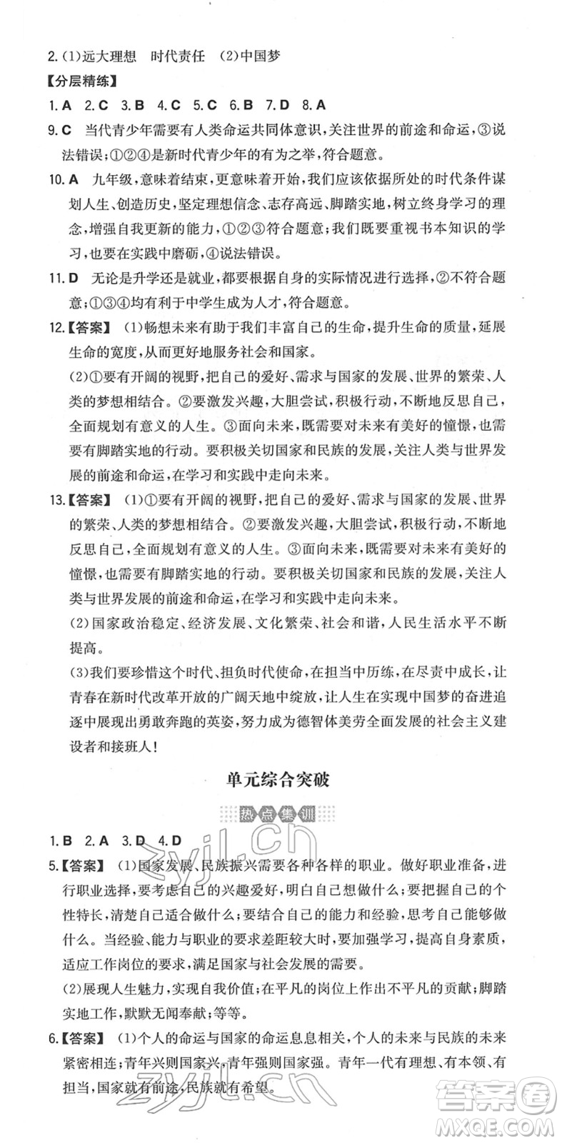 湖南教育出版社2022一本同步訓練九年級道德與法治下冊RJ人教版安徽專版答案