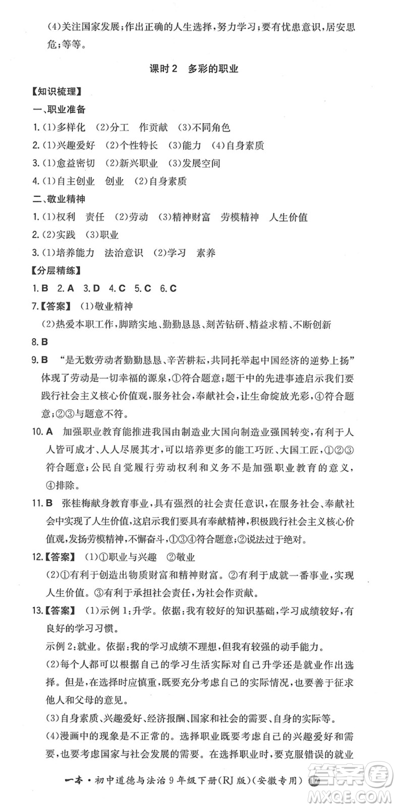 湖南教育出版社2022一本同步訓練九年級道德與法治下冊RJ人教版安徽專版答案