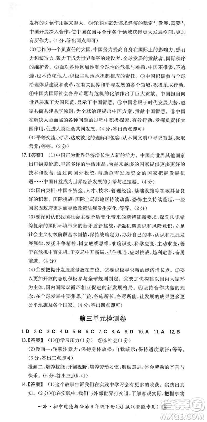 湖南教育出版社2022一本同步訓練九年級道德與法治下冊RJ人教版安徽專版答案