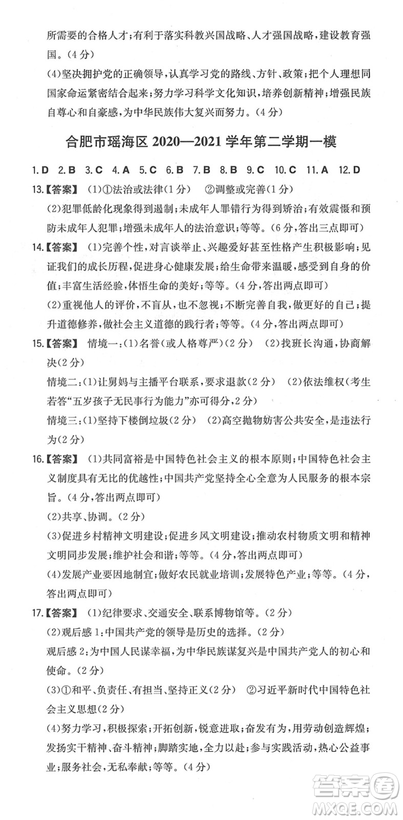 湖南教育出版社2022一本同步訓練九年級道德與法治下冊RJ人教版安徽專版答案
