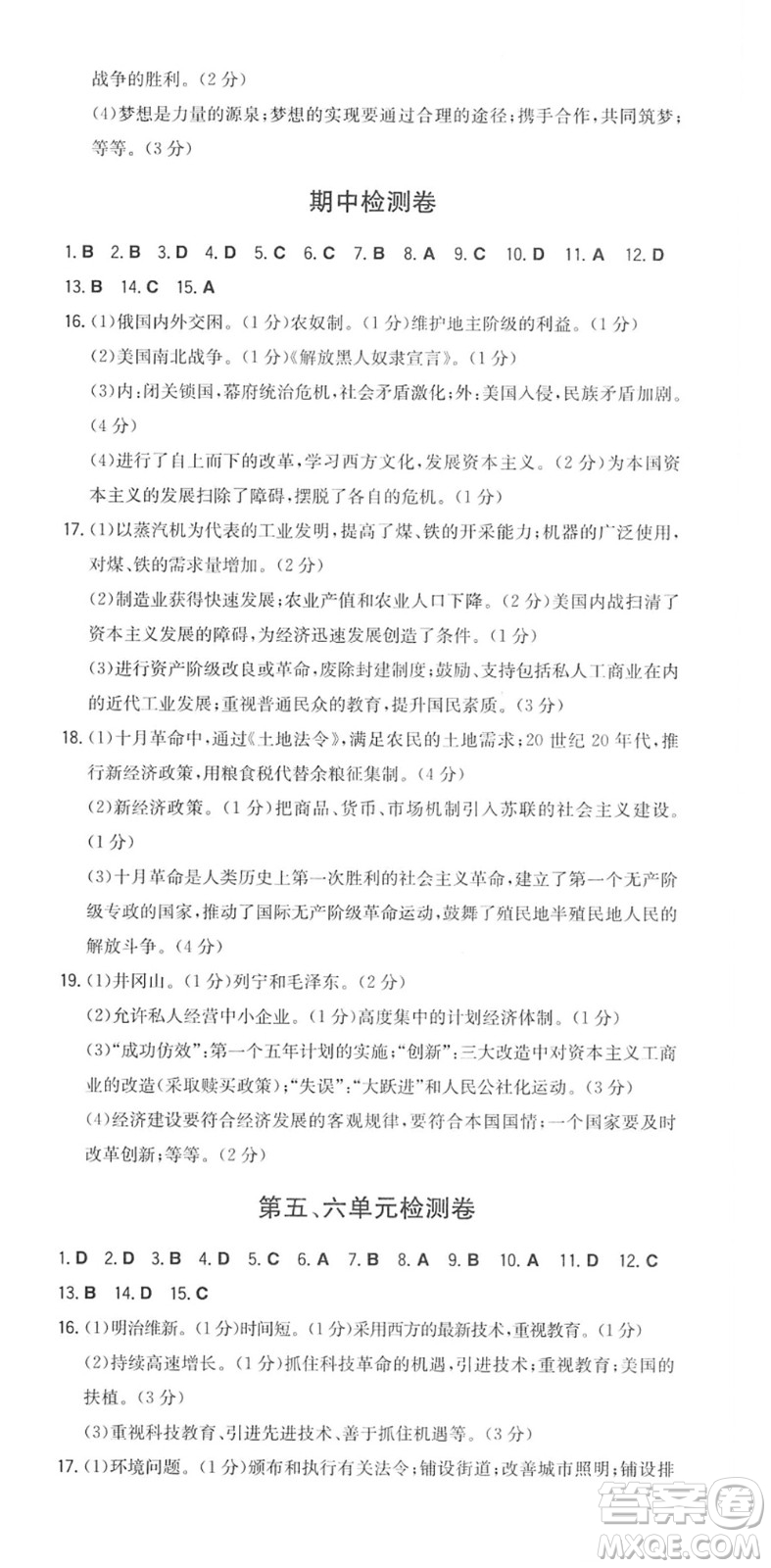 湖南教育出版社2022一本同步訓(xùn)練九年級(jí)歷史下冊(cè)RJ人教版答案