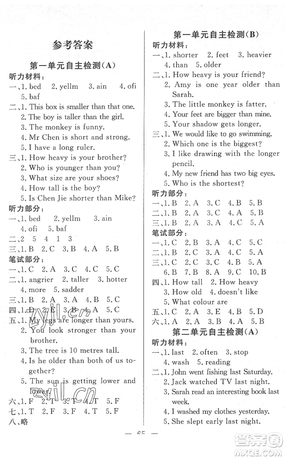 湖北教育出版社2022黃岡測(cè)試卷系列自主檢測(cè)六年級(jí)英語(yǔ)下冊(cè)RJ人教版答案