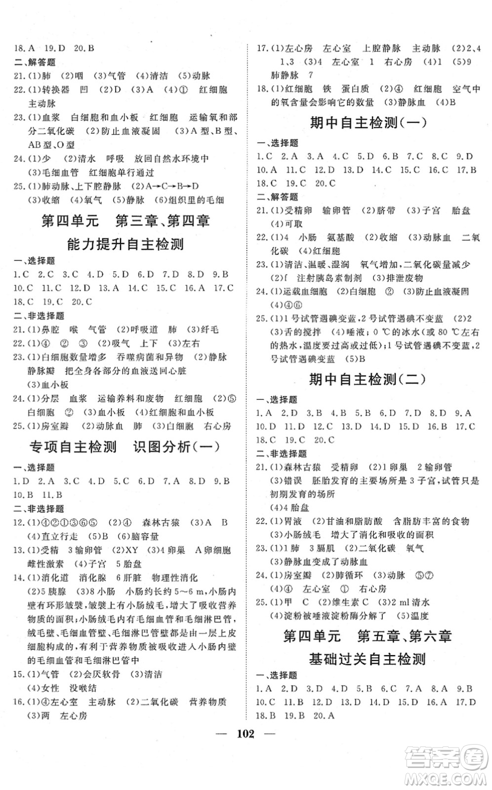 湖北教育出版社2022黃岡測試卷系列自主檢測七年級生物下冊RJ人教版答案