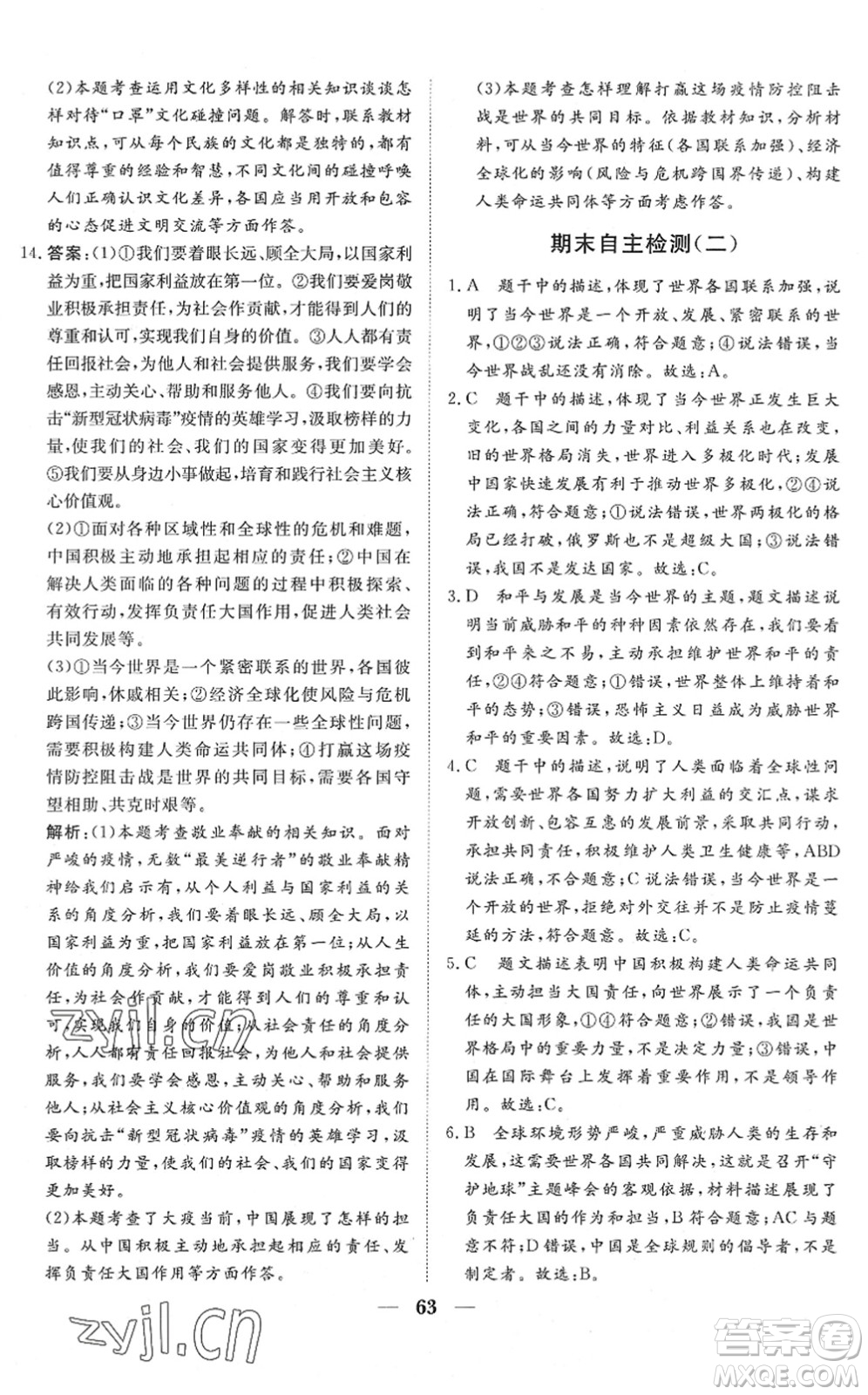 湖北教育出版社2022黃岡測(cè)試卷系列自主檢測(cè)九年級(jí)道德與法治下冊(cè)人教版答案