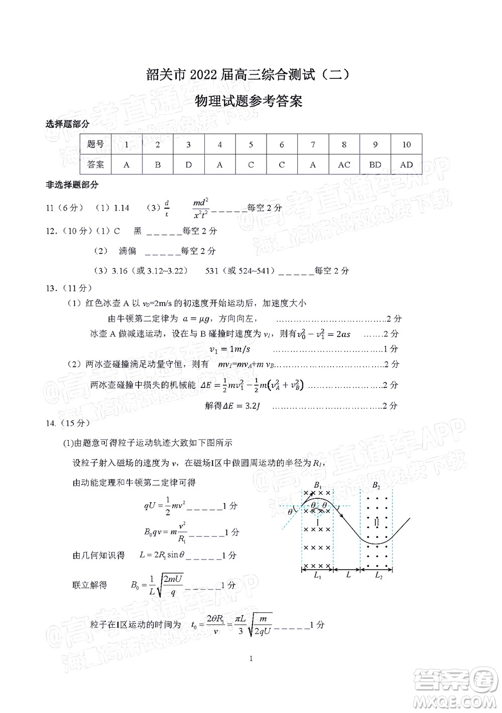 韶關(guān)市2022屆高三綜合測試二物理試題及答案