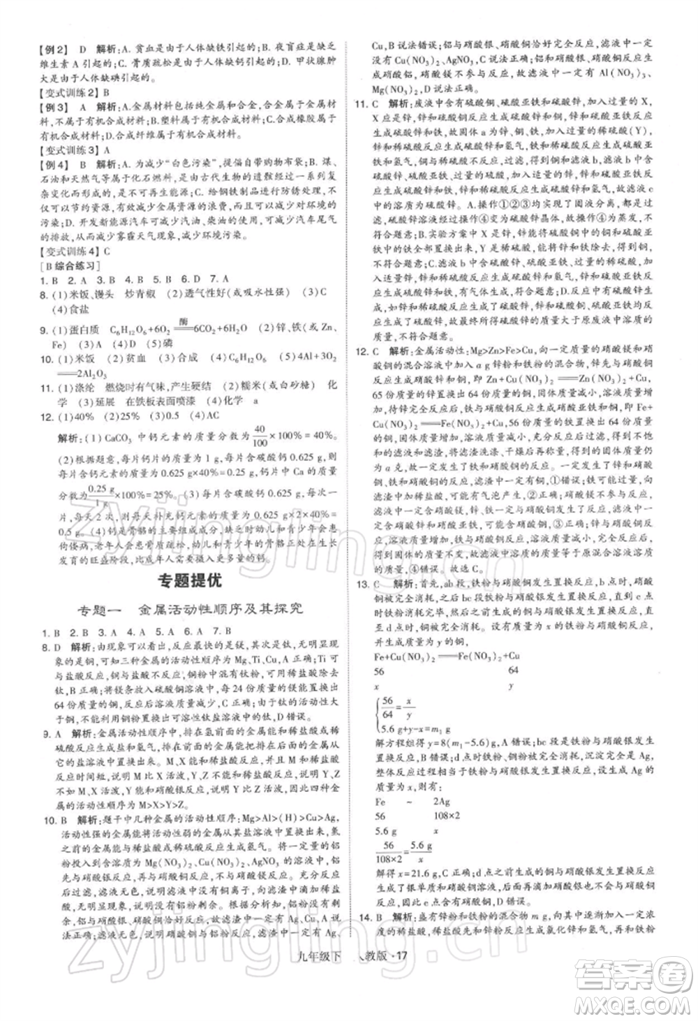 新疆少年兒童出版社2022學霸題中題九年級下冊化學人教版參考答案