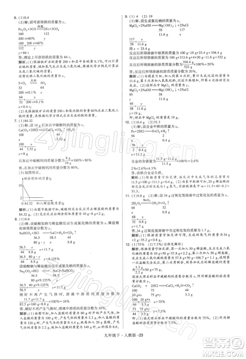新疆少年兒童出版社2022學霸題中題九年級下冊化學人教版參考答案