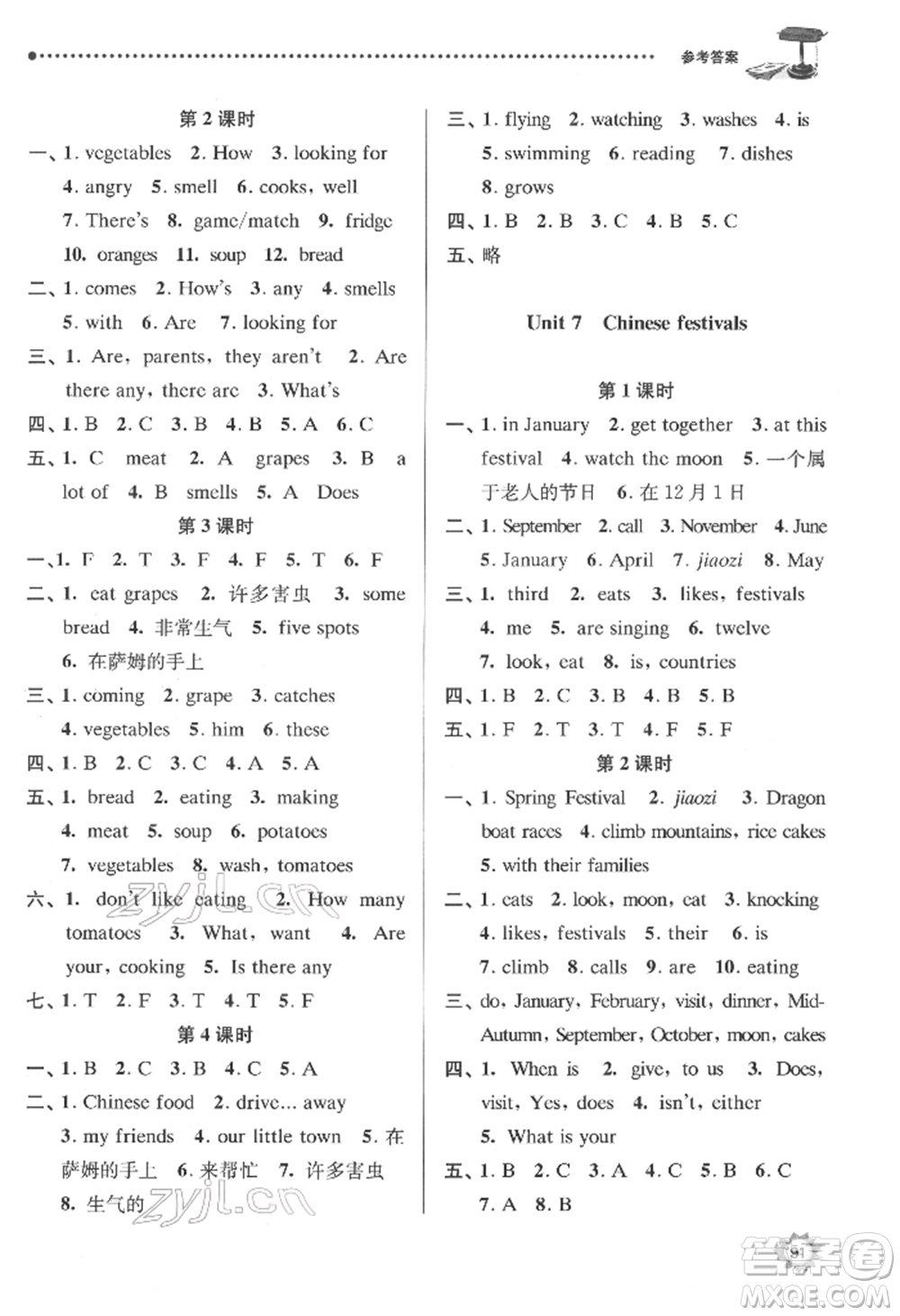 南京大學(xué)出版社2022課時天天練五年級下冊英語譯林版參考答案