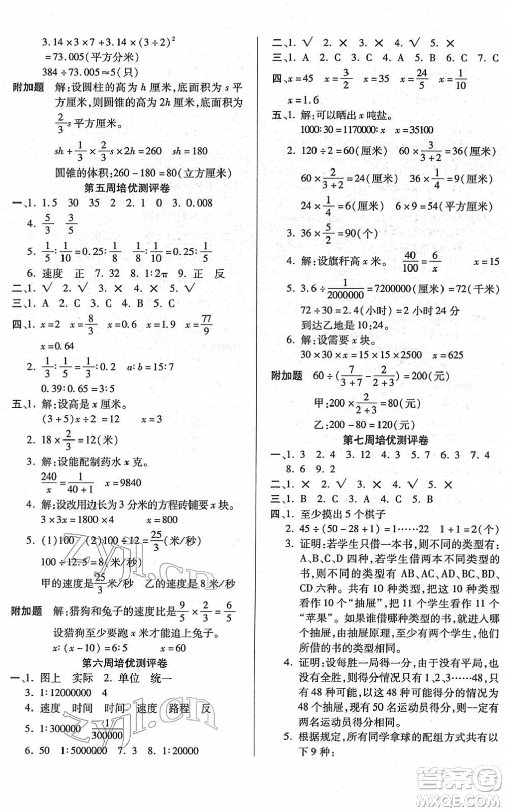 武漢大學出版社2022培優(yōu)名卷全能卷六年級數(shù)學下冊人教版答案
