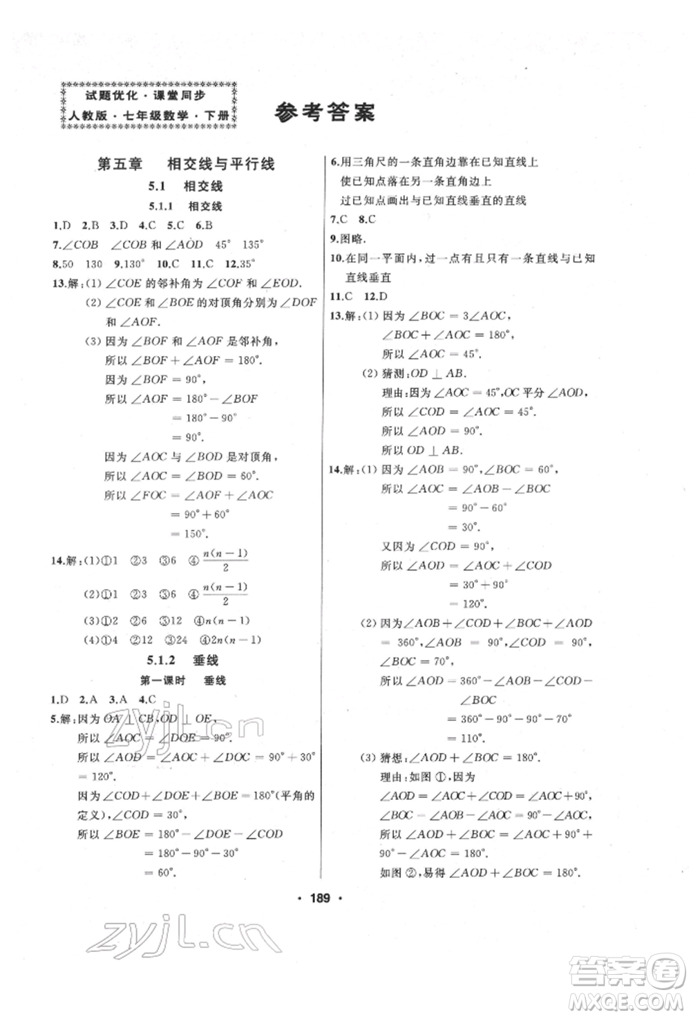 延邊人民出版社2022試題優(yōu)化課堂同步七年級(jí)下冊(cè)數(shù)學(xué)人教版參考答案