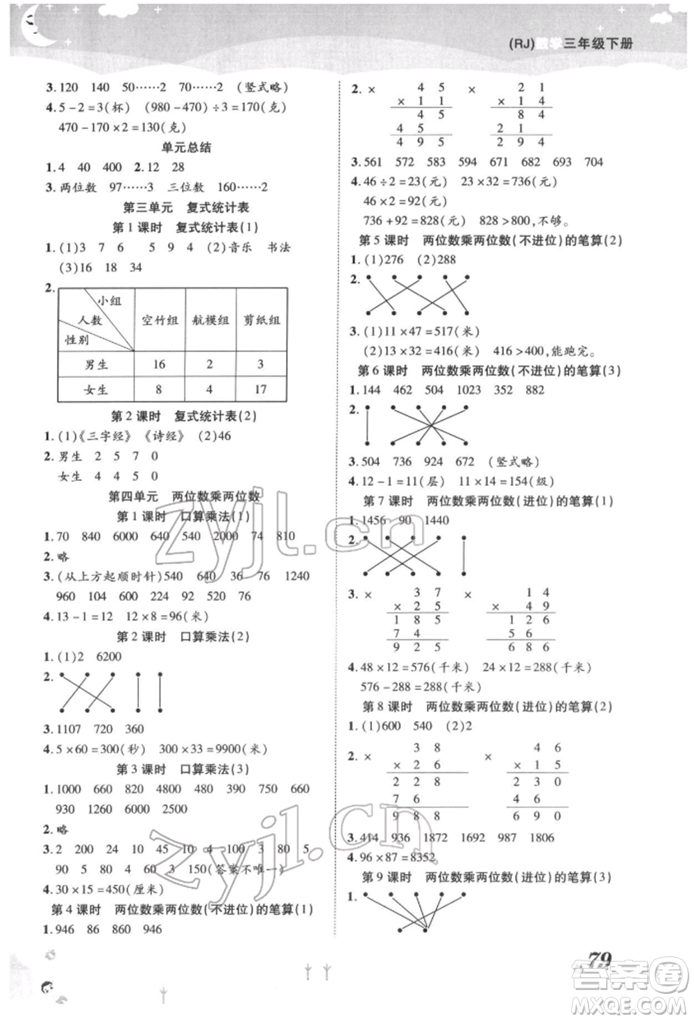 中州古籍出版社2022黃岡課課練三年級(jí)下冊(cè)數(shù)學(xué)人教版參考答案