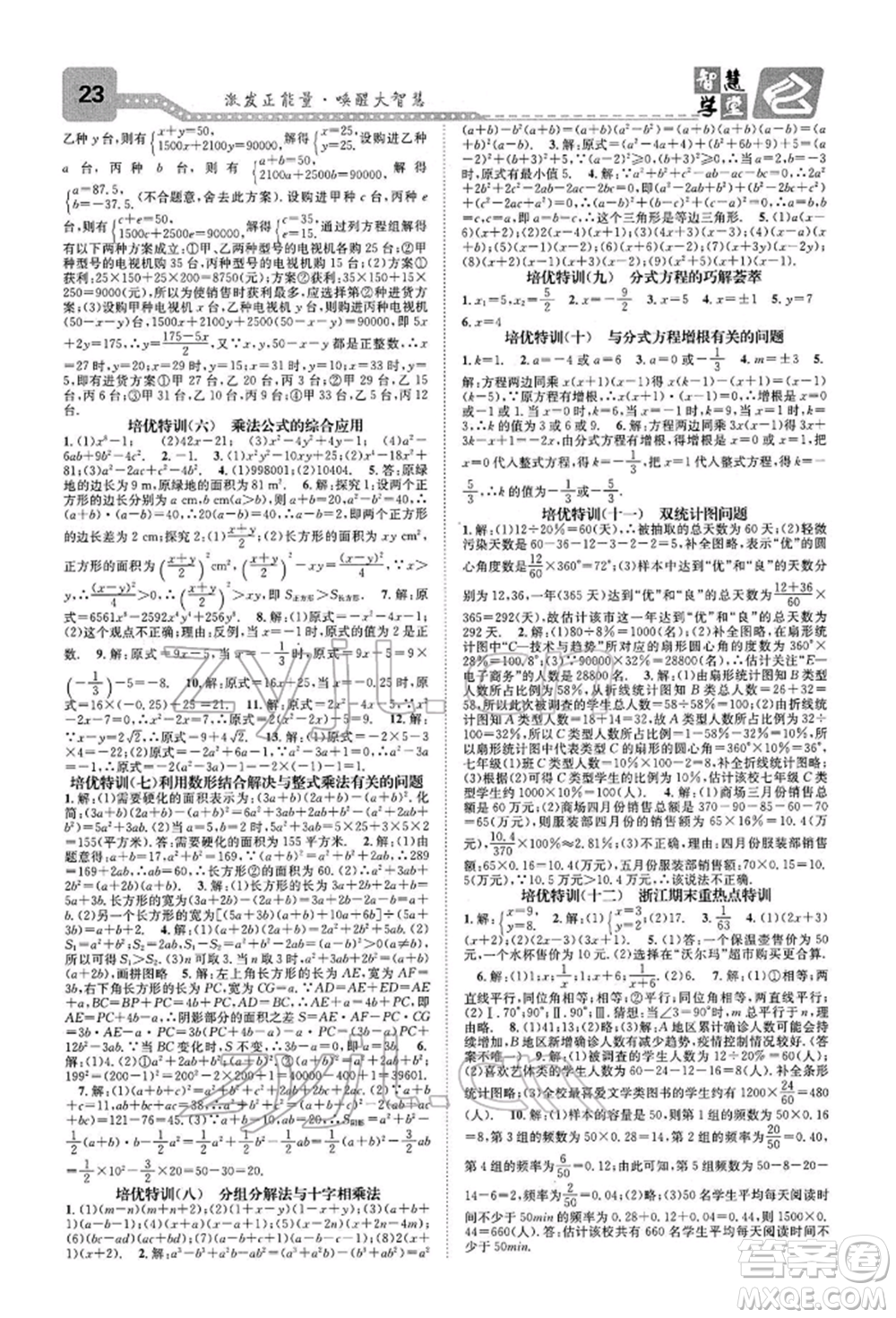 天津科學(xué)技術(shù)出版社2022智慧學(xué)堂核心素養(yǎng)提升法A本七年級下冊數(shù)學(xué)浙教版浙江專版參考答案