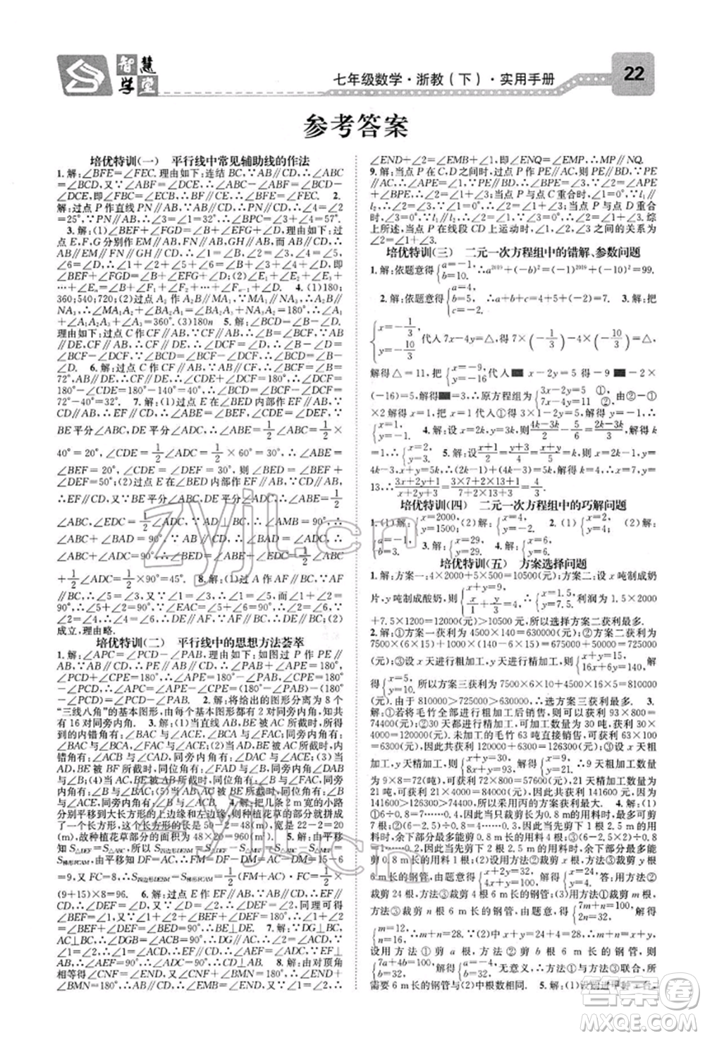 天津科學(xué)技術(shù)出版社2022智慧學(xué)堂核心素養(yǎng)提升法A本七年級下冊數(shù)學(xué)浙教版浙江專版參考答案