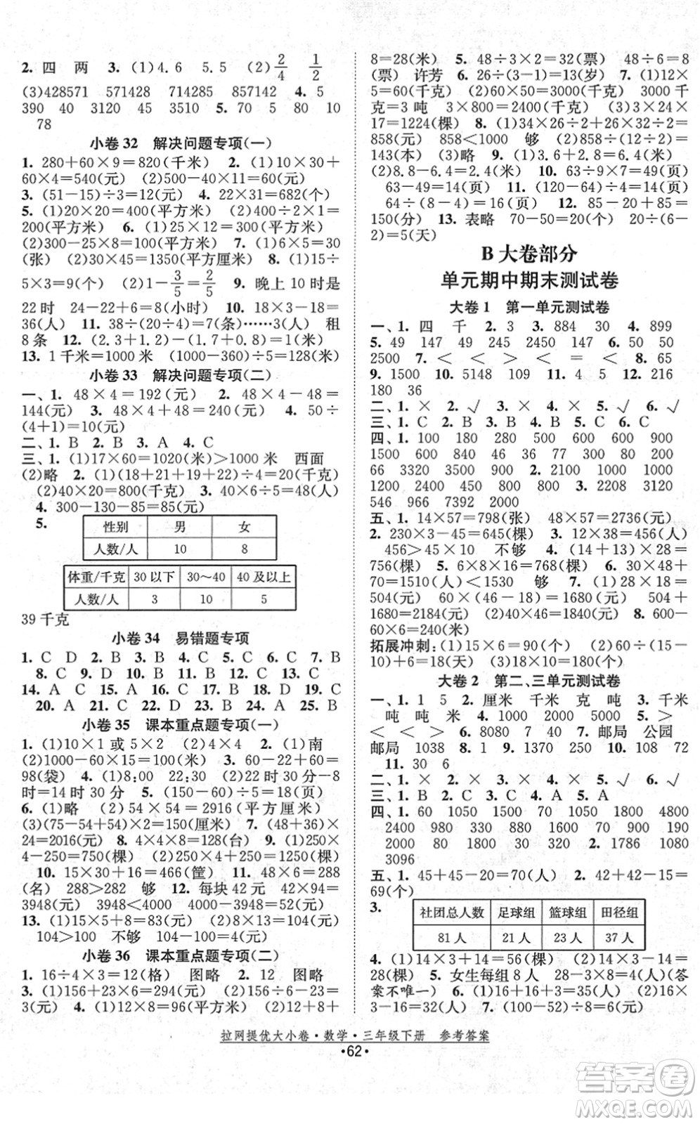 福建人民出版社2022拉網(wǎng)提優(yōu)大小卷三年級數(shù)學下冊SJ蘇教版答案