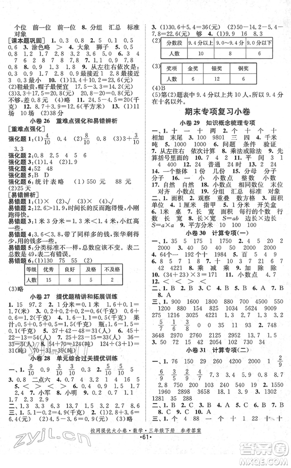 福建人民出版社2022拉網(wǎng)提優(yōu)大小卷三年級數(shù)學下冊SJ蘇教版答案