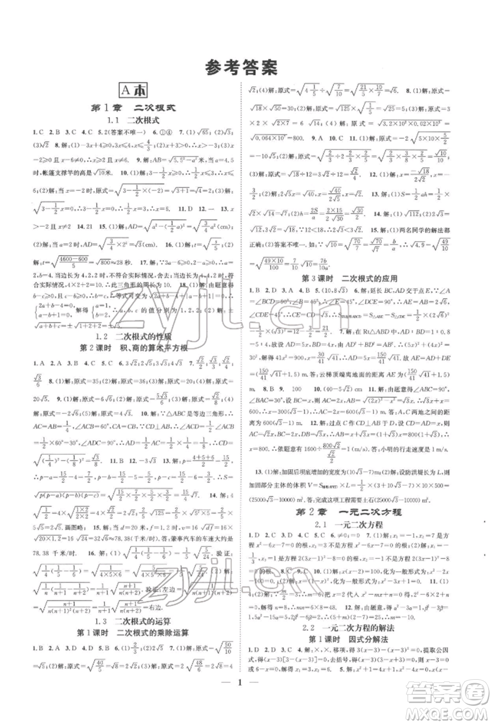 天津科學(xué)技術(shù)出版社2022智慧學(xué)堂核心素養(yǎng)提升法A本八年級下冊數(shù)學(xué)浙教版浙江專版參考答案